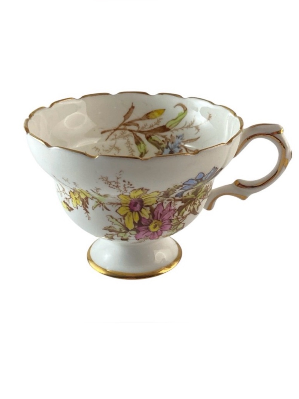 Rosina Bone China Teacup 4867 England Pink Blue Yellow Daisies Gold Trim Vintage